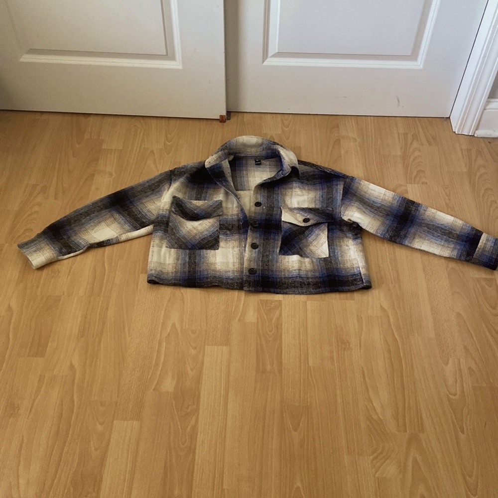 Blue and white plaid jacket
